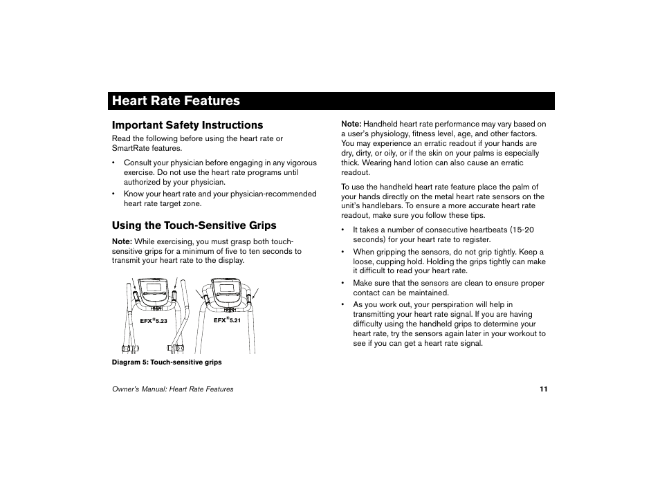 Heart rate features, Important safety instructions, Using the touch-sensitive grips | Precor EFX 5.23 User Manual | Page 12 / 59