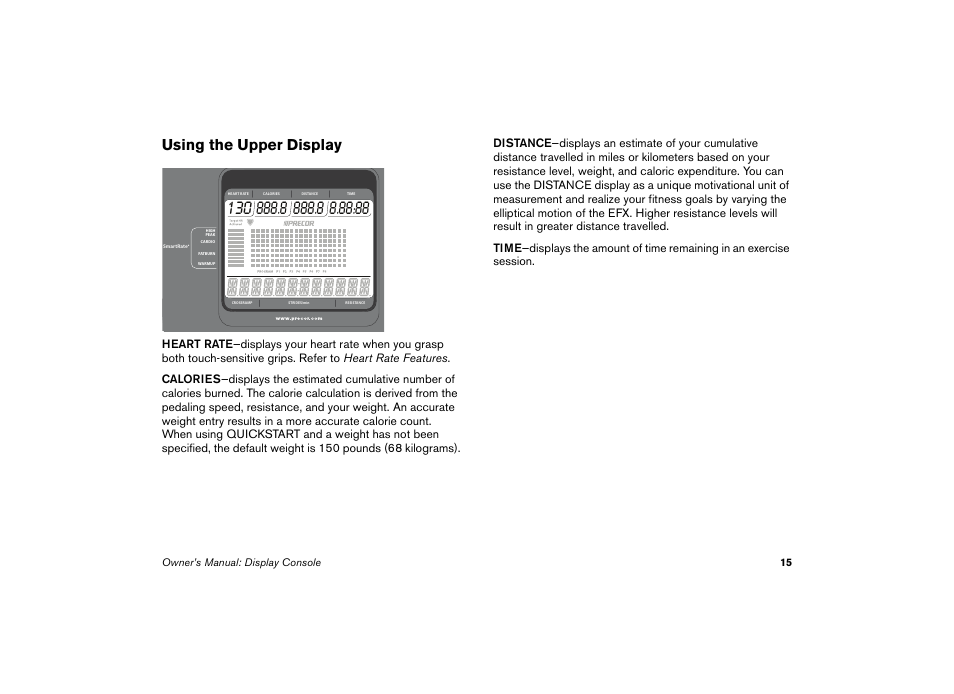 Using the upper display | Precor EFX 5.23 User Manual | Page 16 / 59