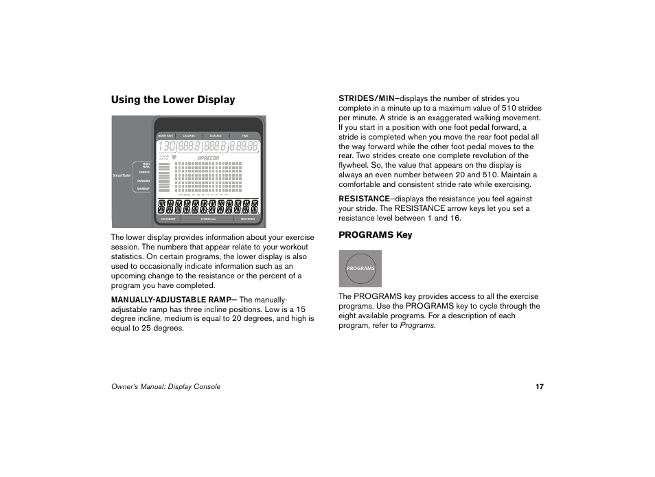 Using the lower display, Programs key | Precor EFX 5.23 User Manual | Page 18 / 59