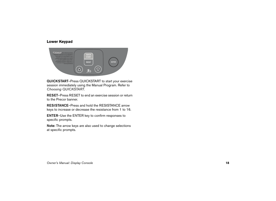 Lower keypad, Owner’s manual: display console 18 | Precor EFX 5.23 User Manual | Page 19 / 59