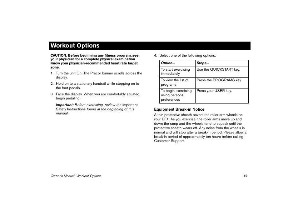 Workout options | Precor EFX 5.23 User Manual | Page 20 / 59