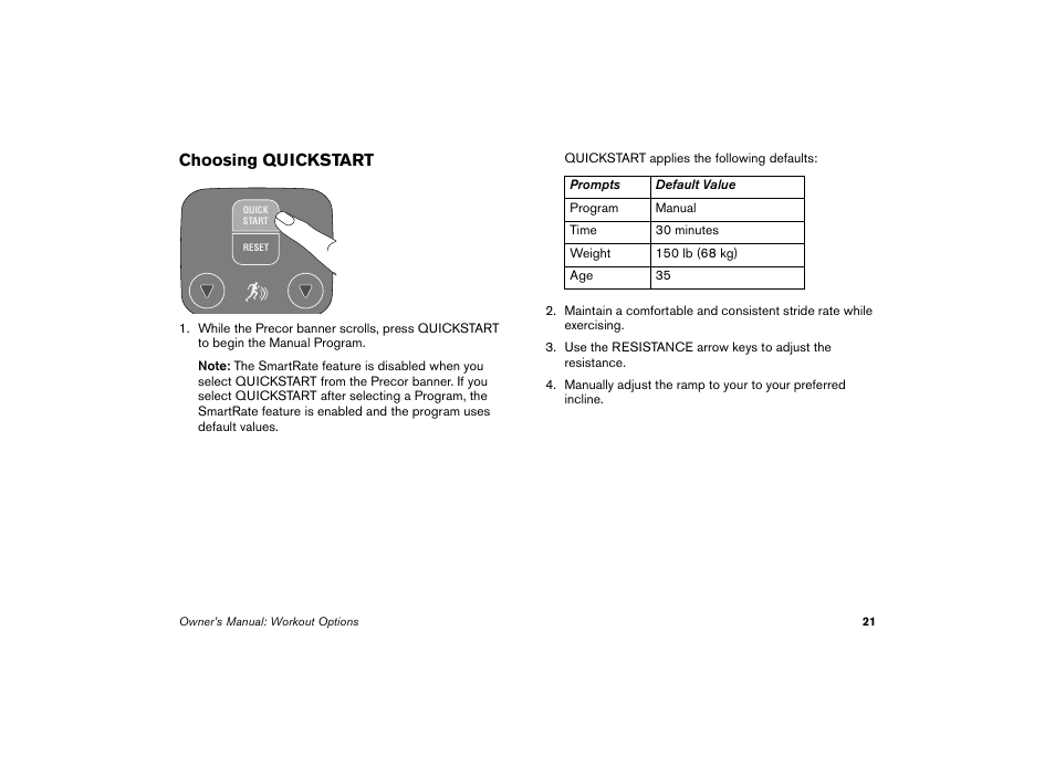 Choosing quickstart | Precor EFX 5.23 User Manual | Page 22 / 59