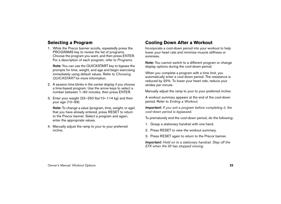 Selecting a program, Cooling down after a workout | Precor EFX 5.23 User Manual | Page 23 / 59