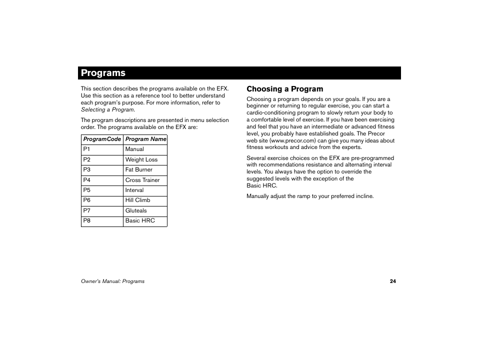 Programs, Choosing a program | Precor EFX 5.23 User Manual | Page 25 / 59