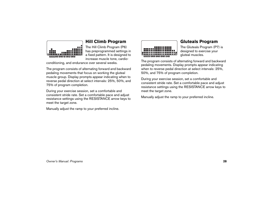 Hill climb program, Gluteals program, Hill climb program gluteals program | Precor EFX 5.23 User Manual | Page 29 / 59