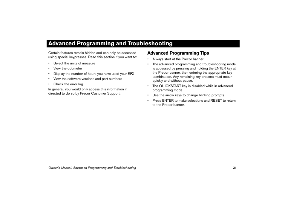 Advanced programming and troubleshooting, Advanced programming tips | Precor EFX 5.23 User Manual | Page 32 / 59