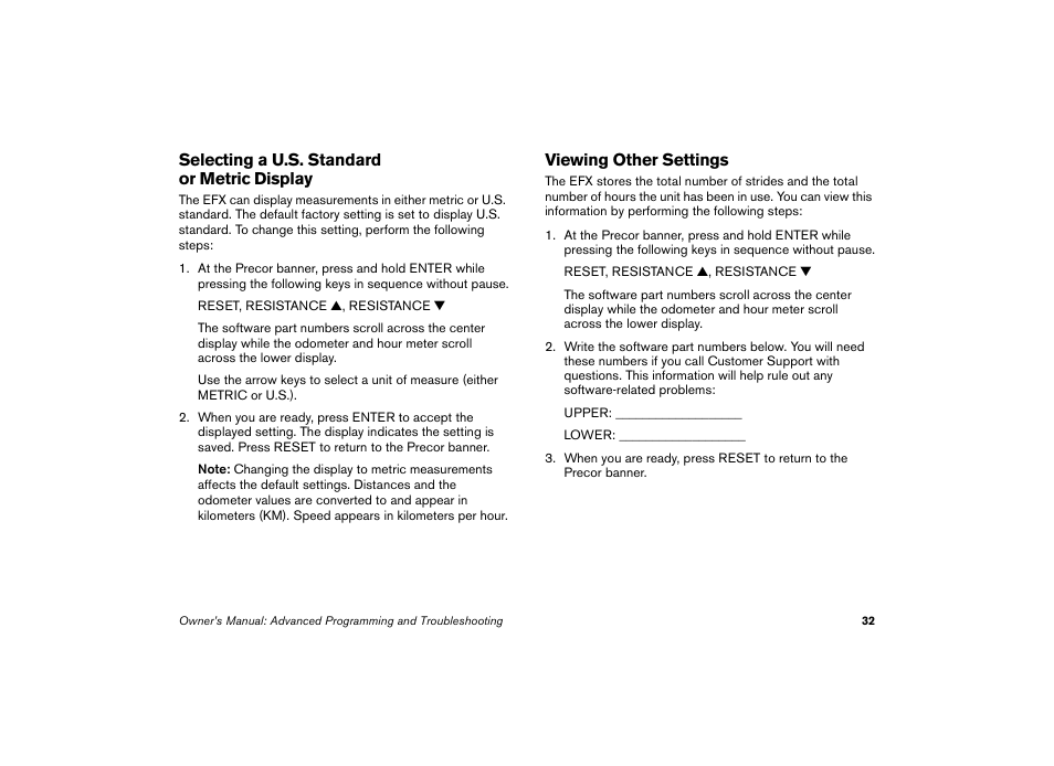 Selecting a u.s. standard or metric display, Viewing other settings | Precor EFX 5.23 User Manual | Page 33 / 59