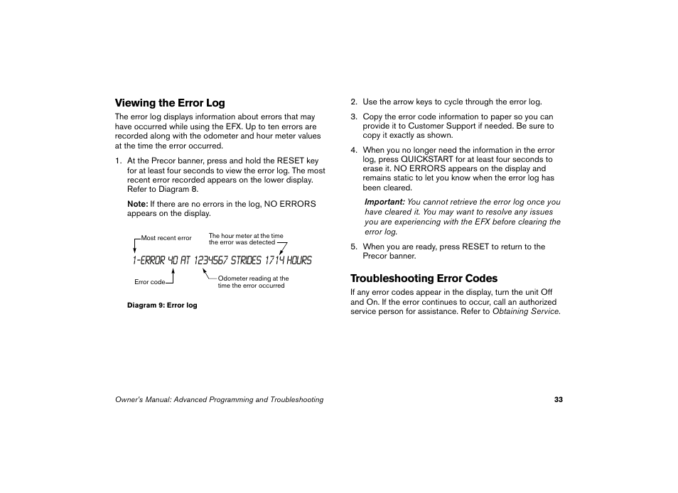 Viewing the error log, Troubleshooting error codes, Viewing the error log troubleshooting error codes | Precor EFX 5.23 User Manual | Page 34 / 59