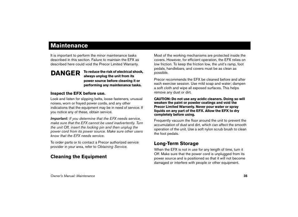 Maintenance, Cleaning the equipment, Long-term storage | Cleaning the equipment long-term storage, Danger | Precor EFX 5.23 User Manual | Page 36 / 59