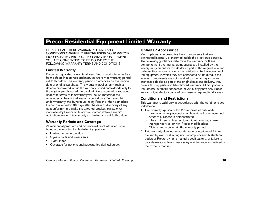 Precor residential equipment limited warranty | Precor EFX 5.23 User Manual | Page 37 / 59