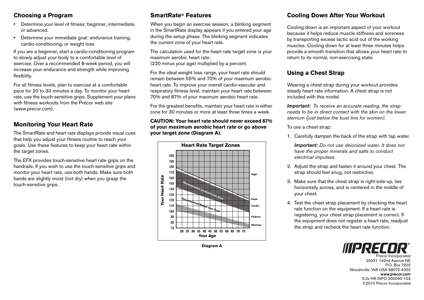 Choosing a program, Monitoring your heart rate, Smartrate | Features, Cooling down after your workout, Using a chest strap | Precor EFX 5.23 User Manual | Page 47 / 59
