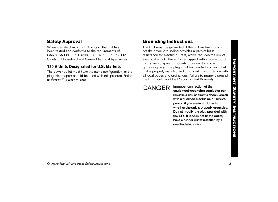 Safety approval, Grounding instructions, Danger | Precor EFX 5.23 User Manual | Page 5 / 59