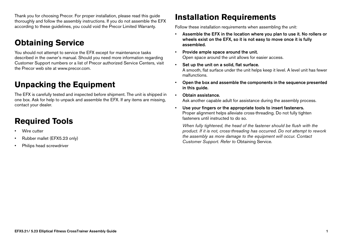 Obtaining service, Unpacking the equipment, Required tools | Installation requirements | Precor EFX 5.23 User Manual | Page 50 / 59