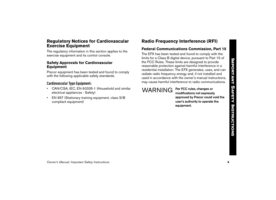 Radio frequency interference (rfi), Warning | Precor EFX 5.23 User Manual | Page 6 / 59