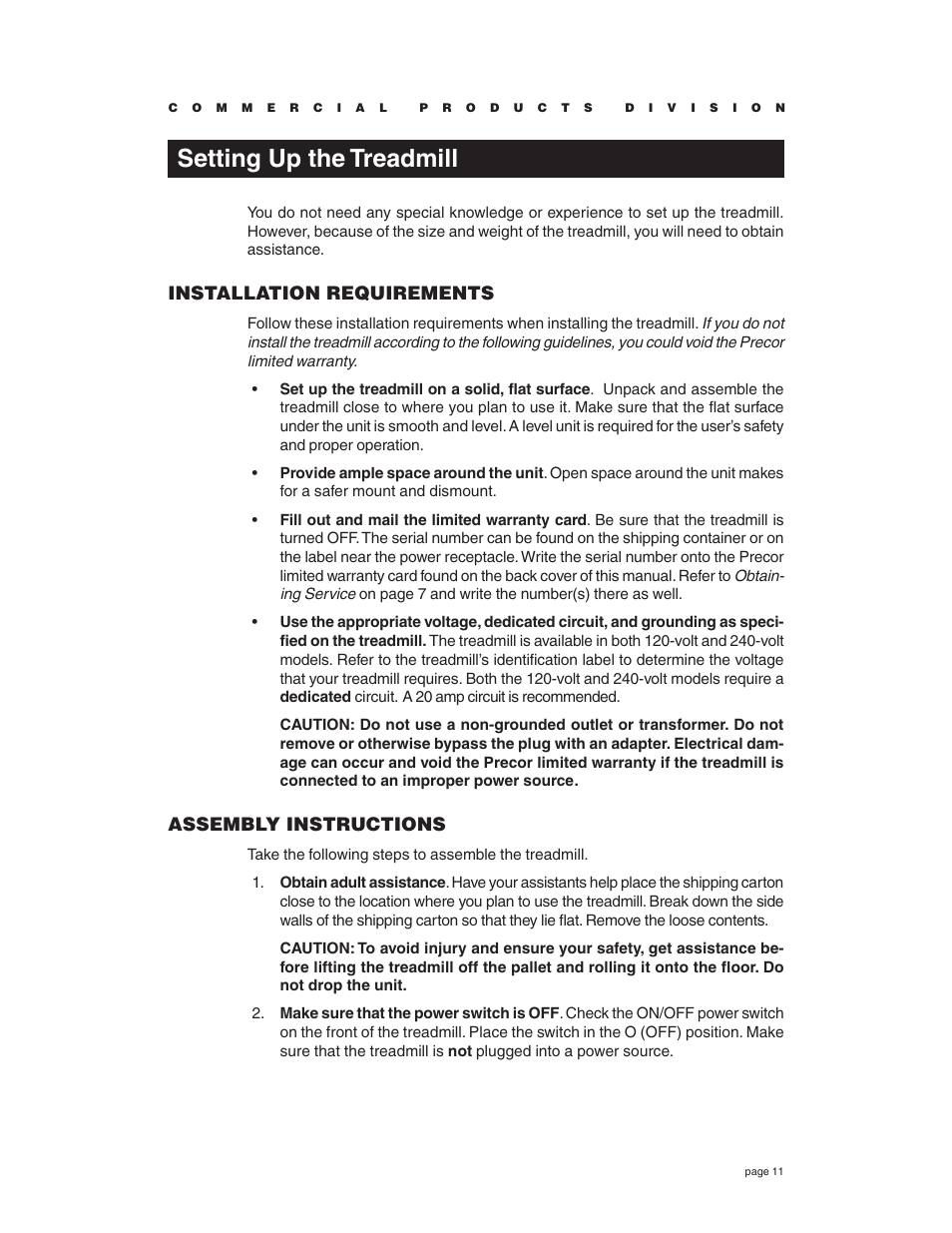 Setting up the treadmill, Installation requirements, Assembly instructions | Precor C934 User Manual | Page 11 / 60