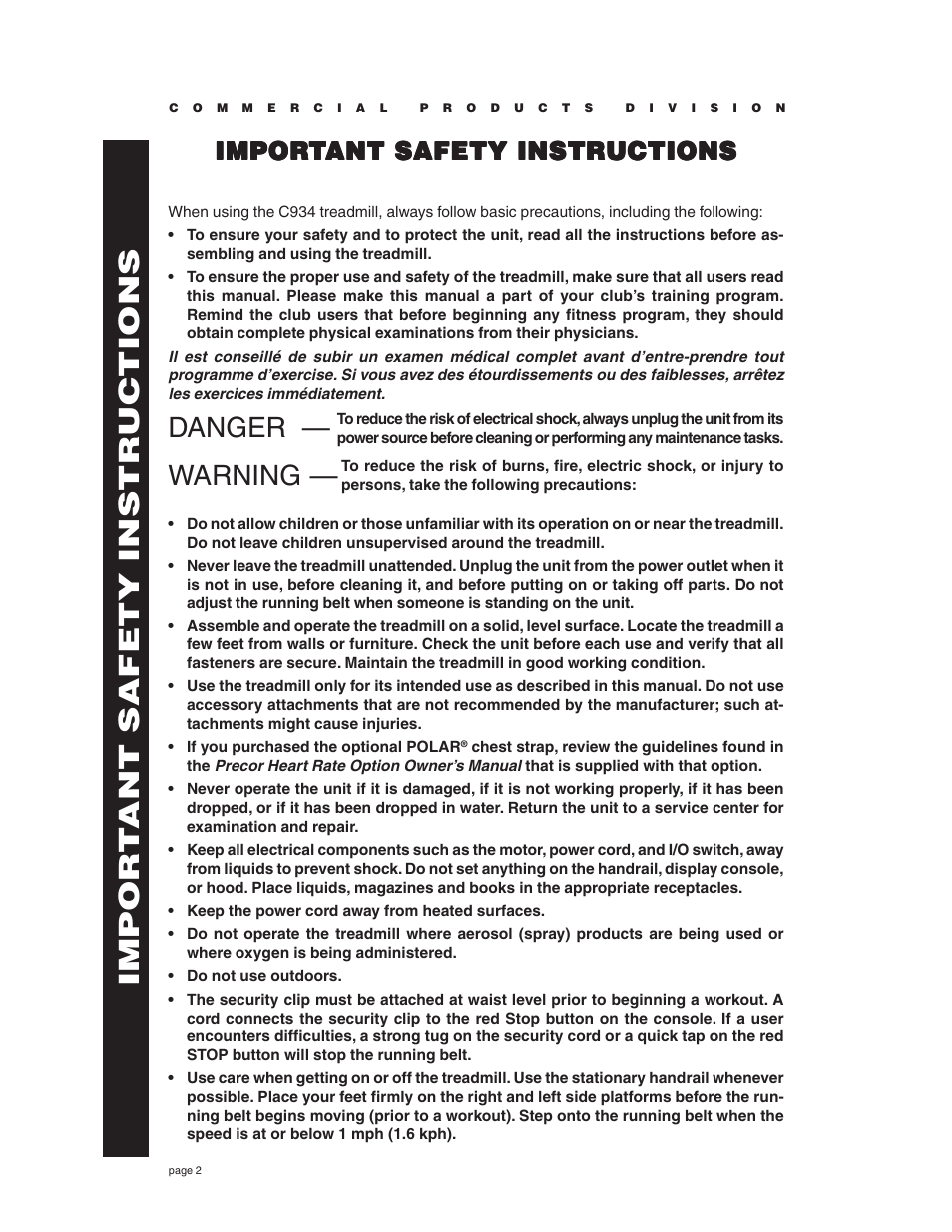 Important safety instructions, Danger — warning, Impor t ant safety instructions | Impor | Precor C934 User Manual | Page 2 / 60