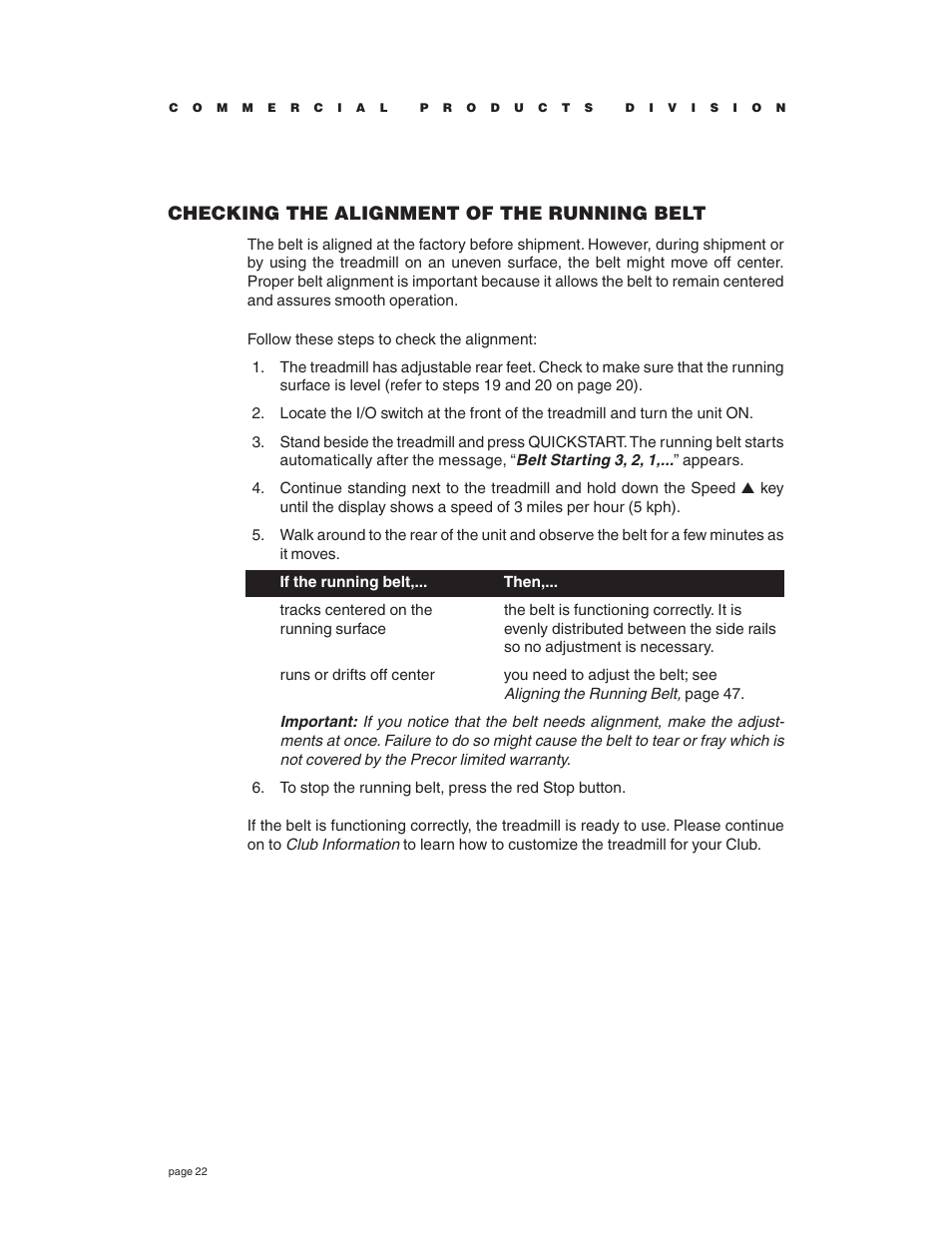 Checking the alignment of the running belt | Precor C934 User Manual | Page 22 / 60