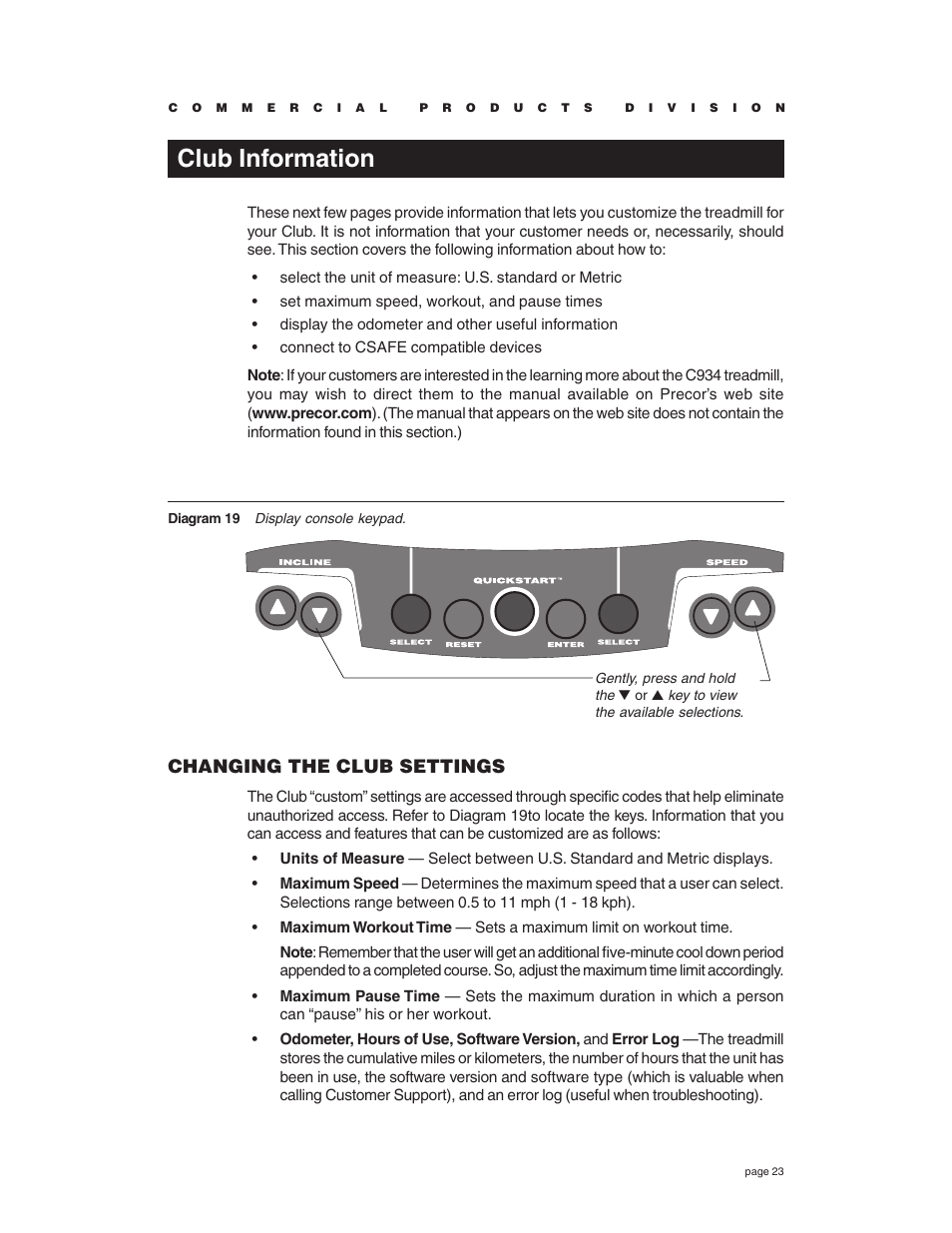 Club information, Changing the club settings | Precor C934 User Manual | Page 23 / 60