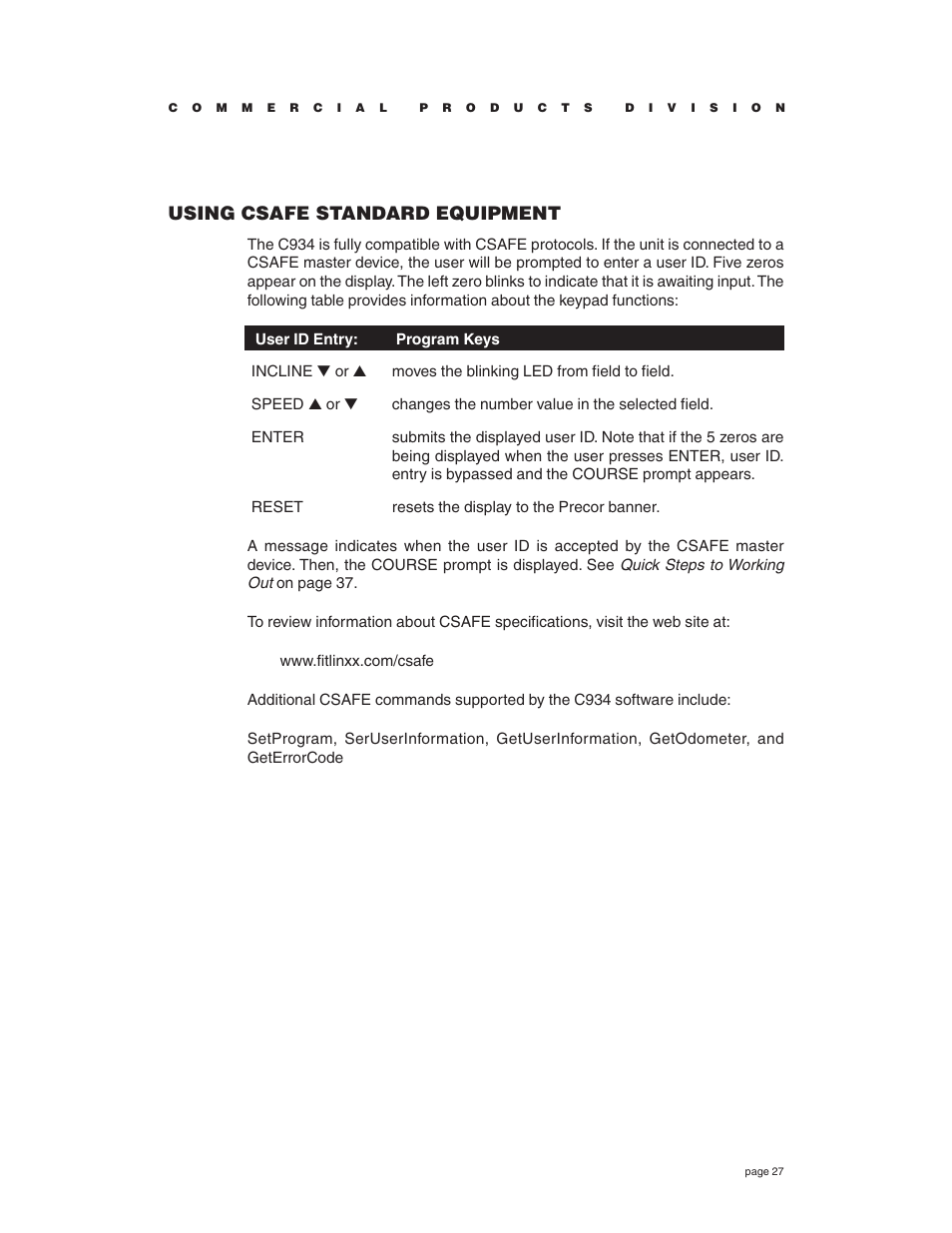 Using csafe standard equipment | Precor C934 User Manual | Page 27 / 60