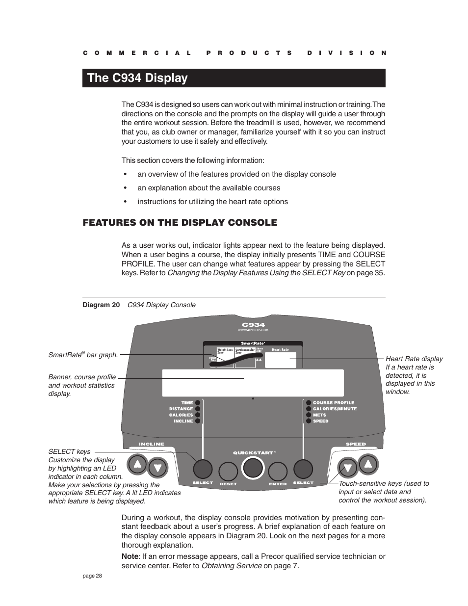 The c934 display, Features on the display console | Precor C934 User Manual | Page 28 / 60