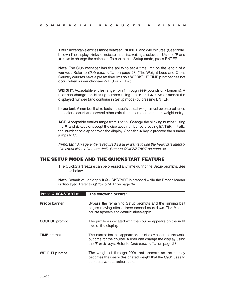 The setup mode and the quickstart feature | Precor C934 User Manual | Page 30 / 60