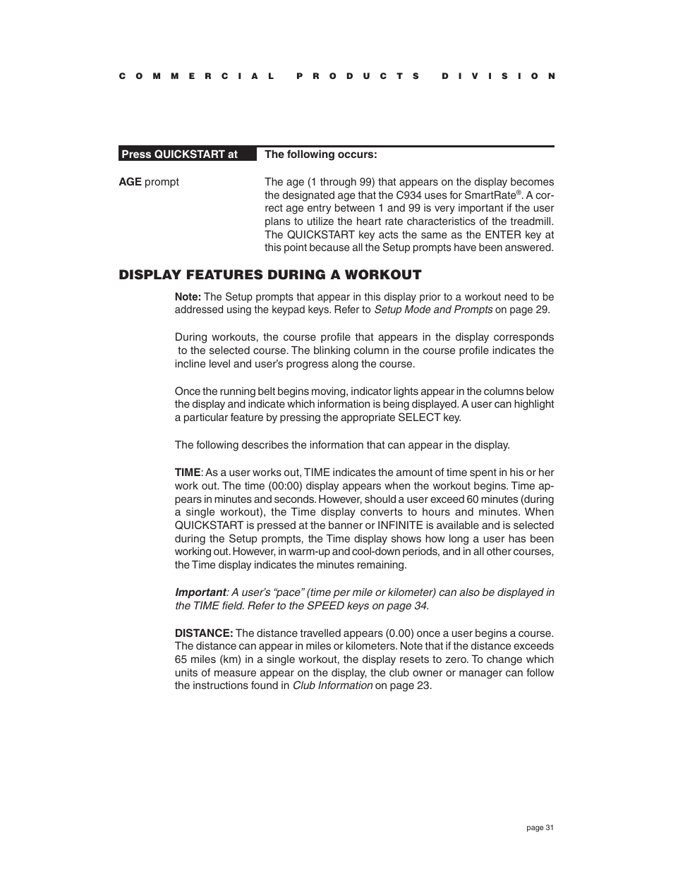 Display features during a workout | Precor C934 User Manual | Page 31 / 60