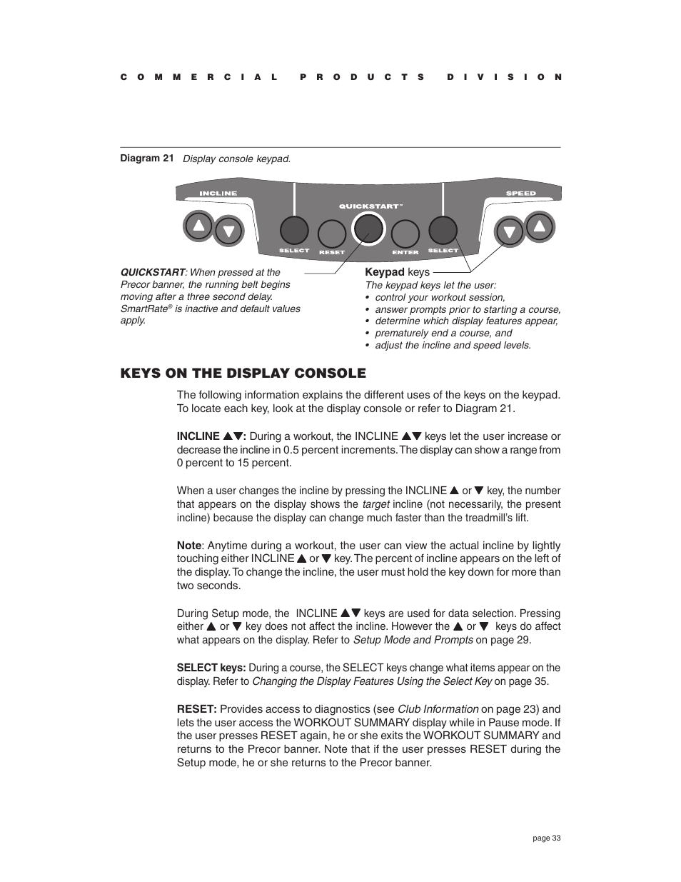 Keys on the display console | Precor C934 User Manual | Page 33 / 60