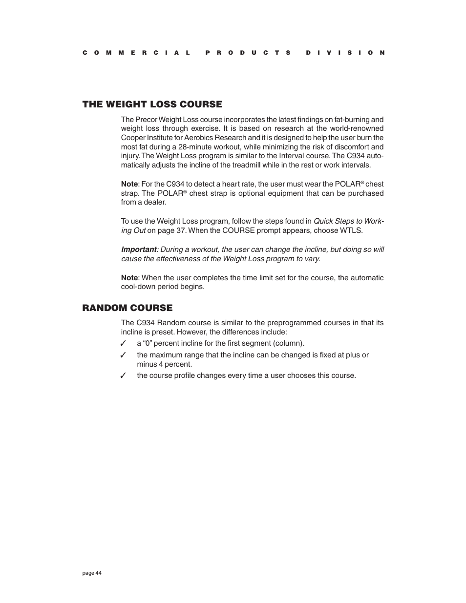 The weight loss course, Random course | Precor C934 User Manual | Page 44 / 60