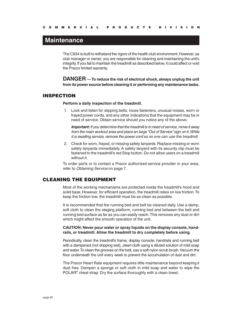 Maintenance, Inspection, Cleaning the equipment | Danger | Precor C934 User Manual | Page 46 / 60