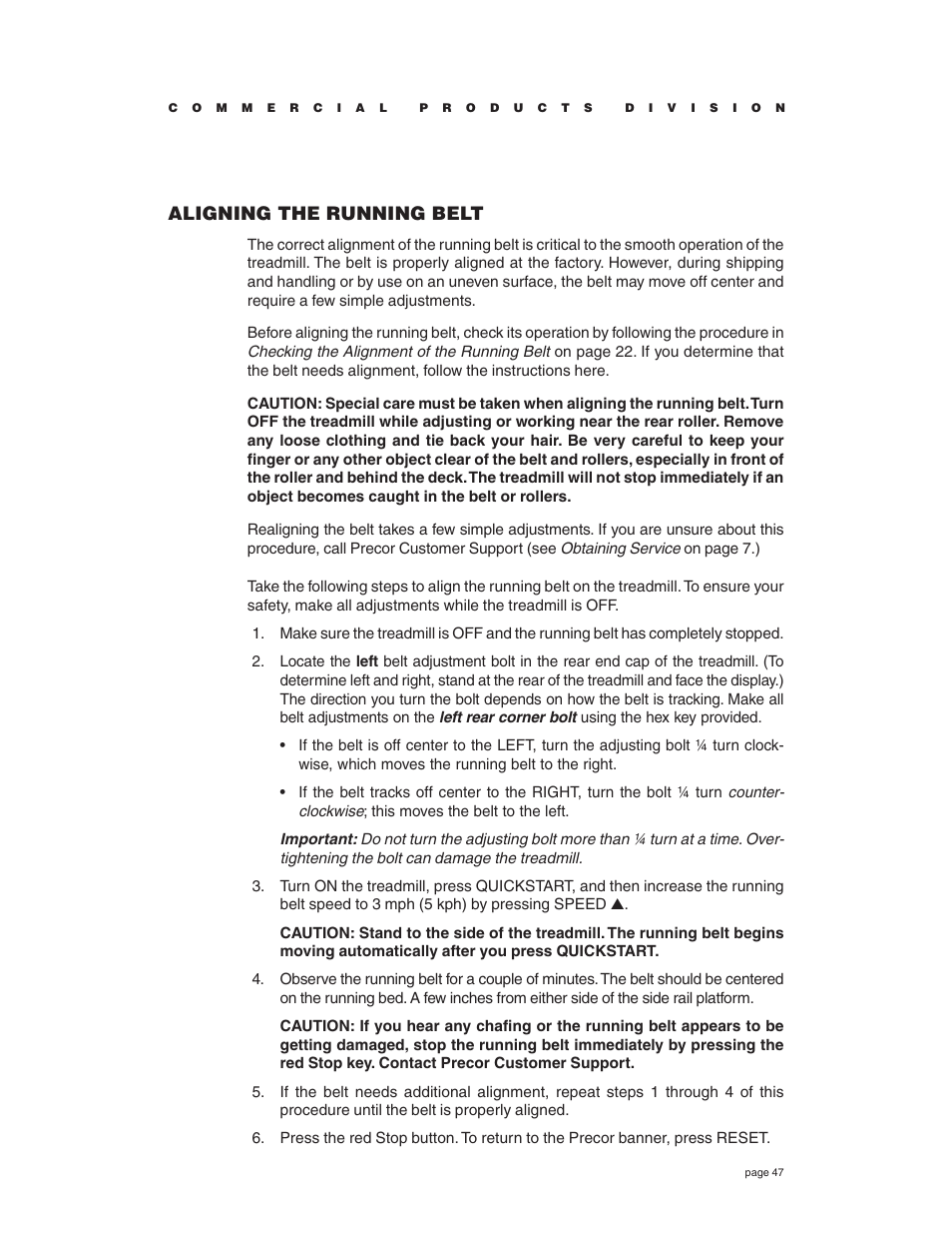 Aligning the running belt | Precor C934 User Manual | Page 47 / 60