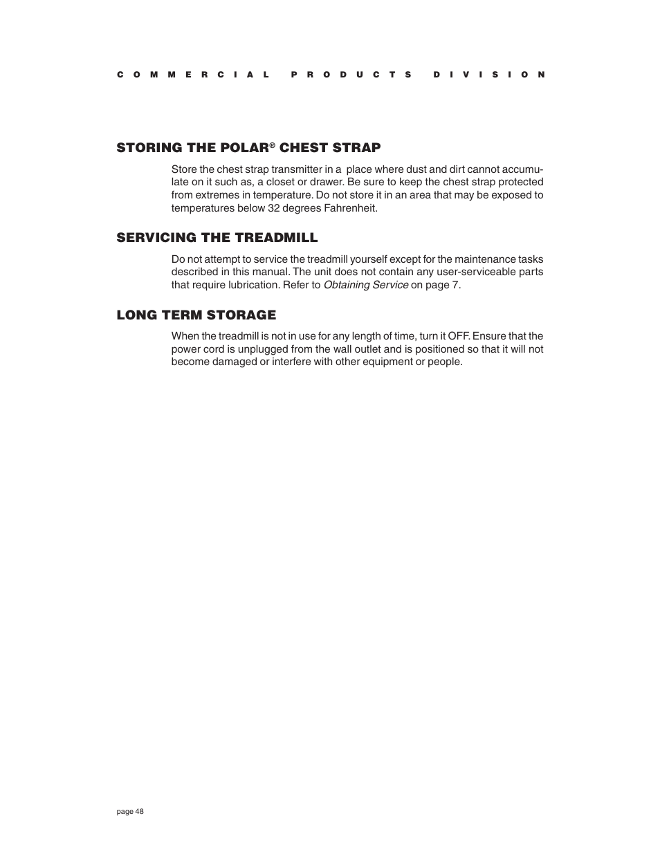 Storing the polar® chest strap, Servicing the treadmill, Long term storage | Storing the polar, Chest strap | Precor C934 User Manual | Page 48 / 60