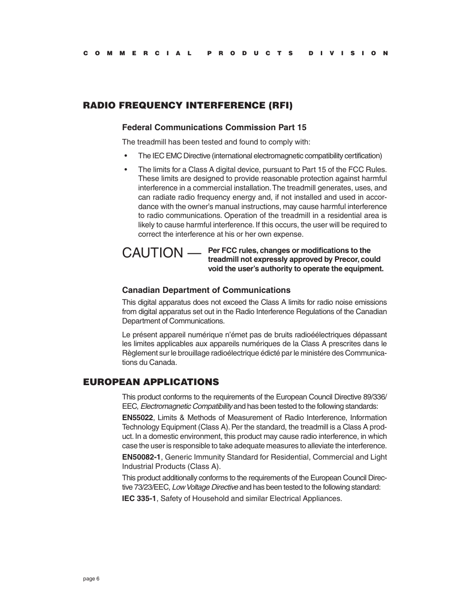 Radio frequency interference (rfi), European applications, Caution | Precor C934 User Manual | Page 6 / 60