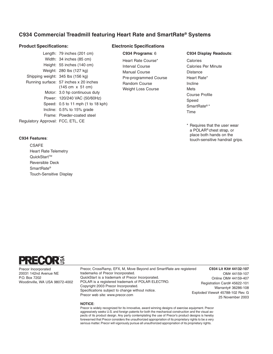C934 product specifications, Systems | Precor C934 User Manual | Page 60 / 60