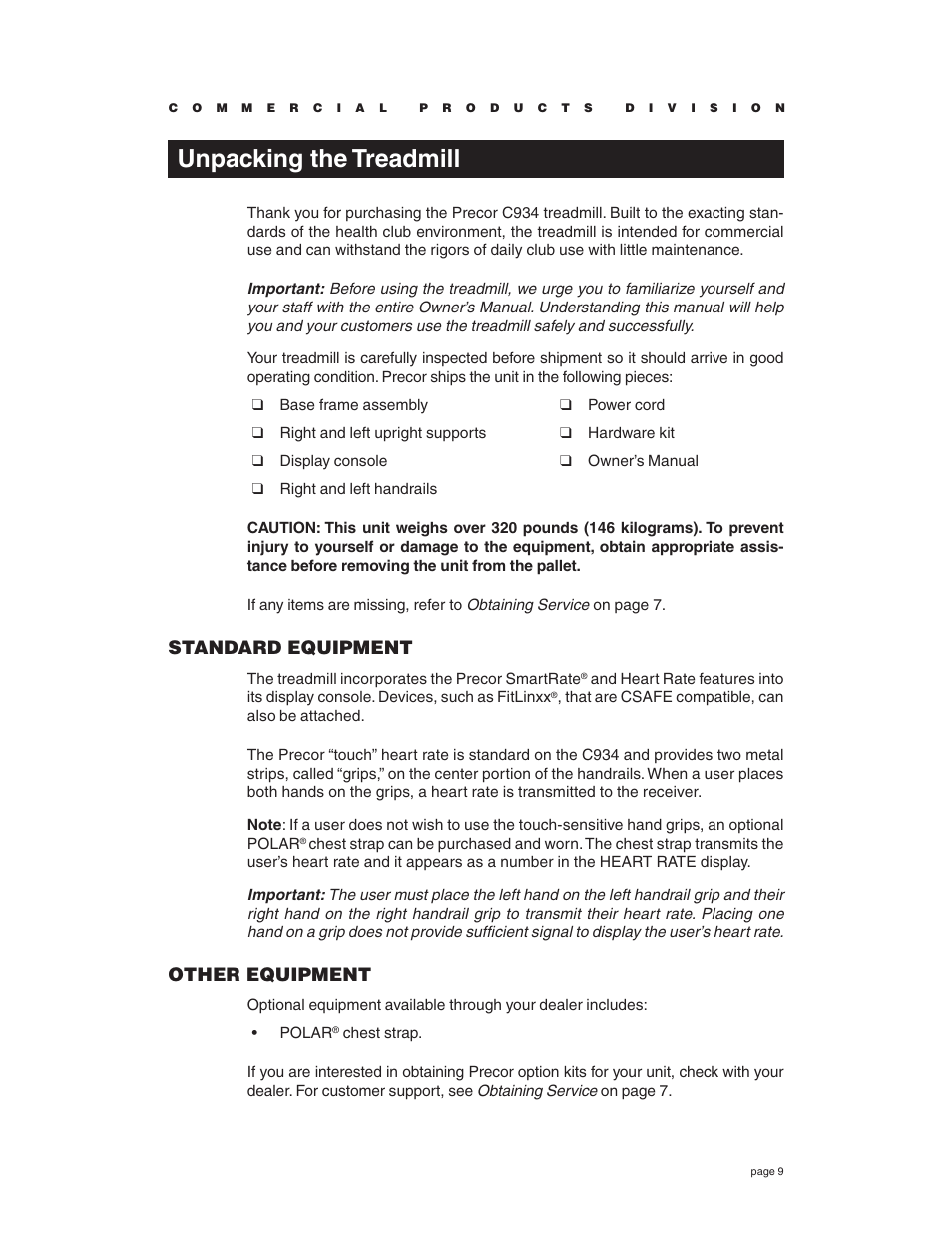 Unpacking the treadmill, Standard equipment, Other equipment | Precor C934 User Manual | Page 9 / 60