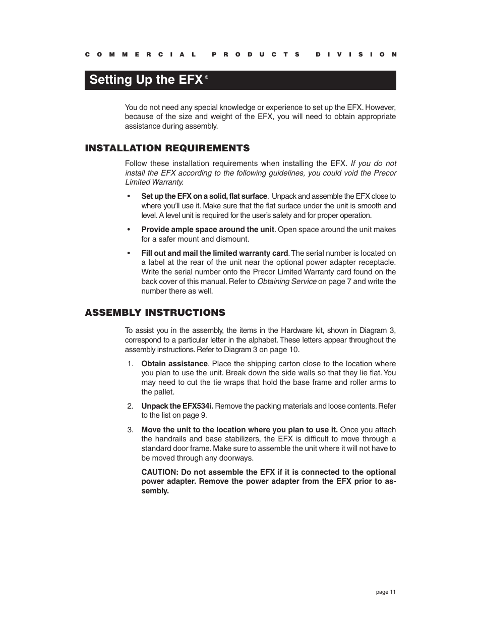 Setting up the efx, Installation requirements, Assembly instructions | Precor EFX534i t User Manual | Page 11 / 52