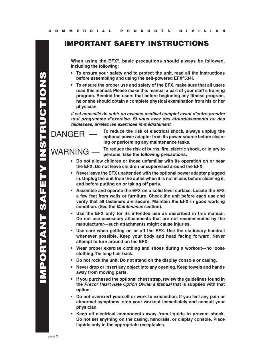 Important safety instructions, Danger — warning, Impor t ant safety instructions | Precor EFX534i t User Manual | Page 2 / 52