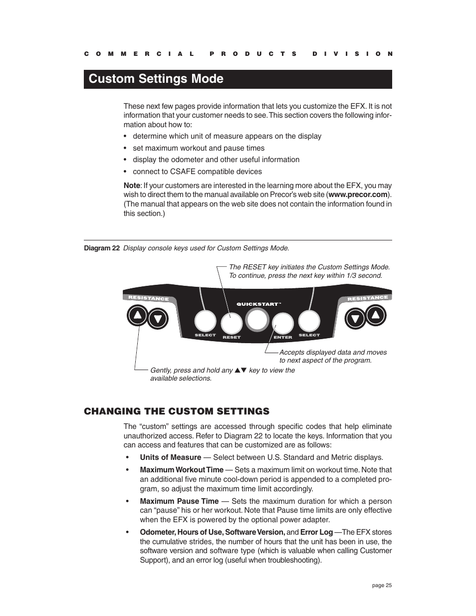 Custom settings mode, Changing the custom settings | Precor EFX534i t User Manual | Page 25 / 52