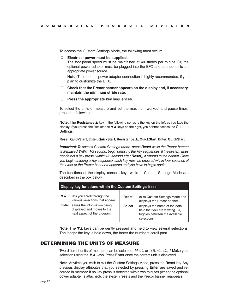 Determining the units of measure | Precor EFX534i t User Manual | Page 26 / 52