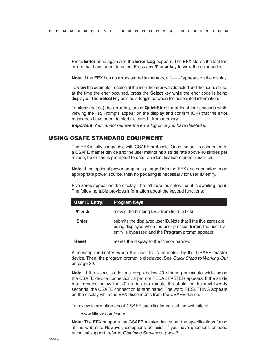 Using csafe standard equipment | Precor EFX534i t User Manual | Page 28 / 52