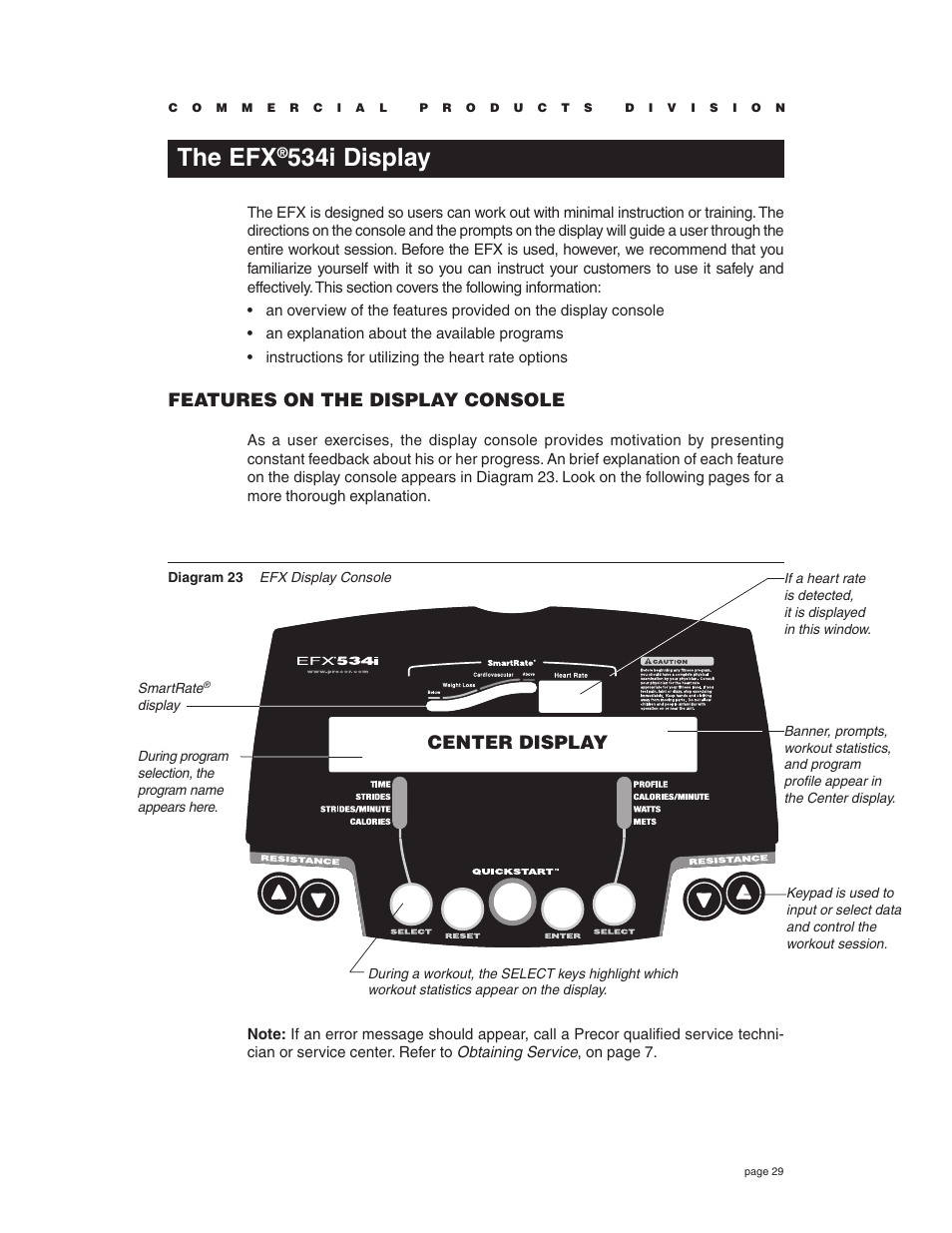 The efx®534i display, The efx, 534i display | Features on the display console, Center display | Precor EFX534i t User Manual | Page 29 / 52