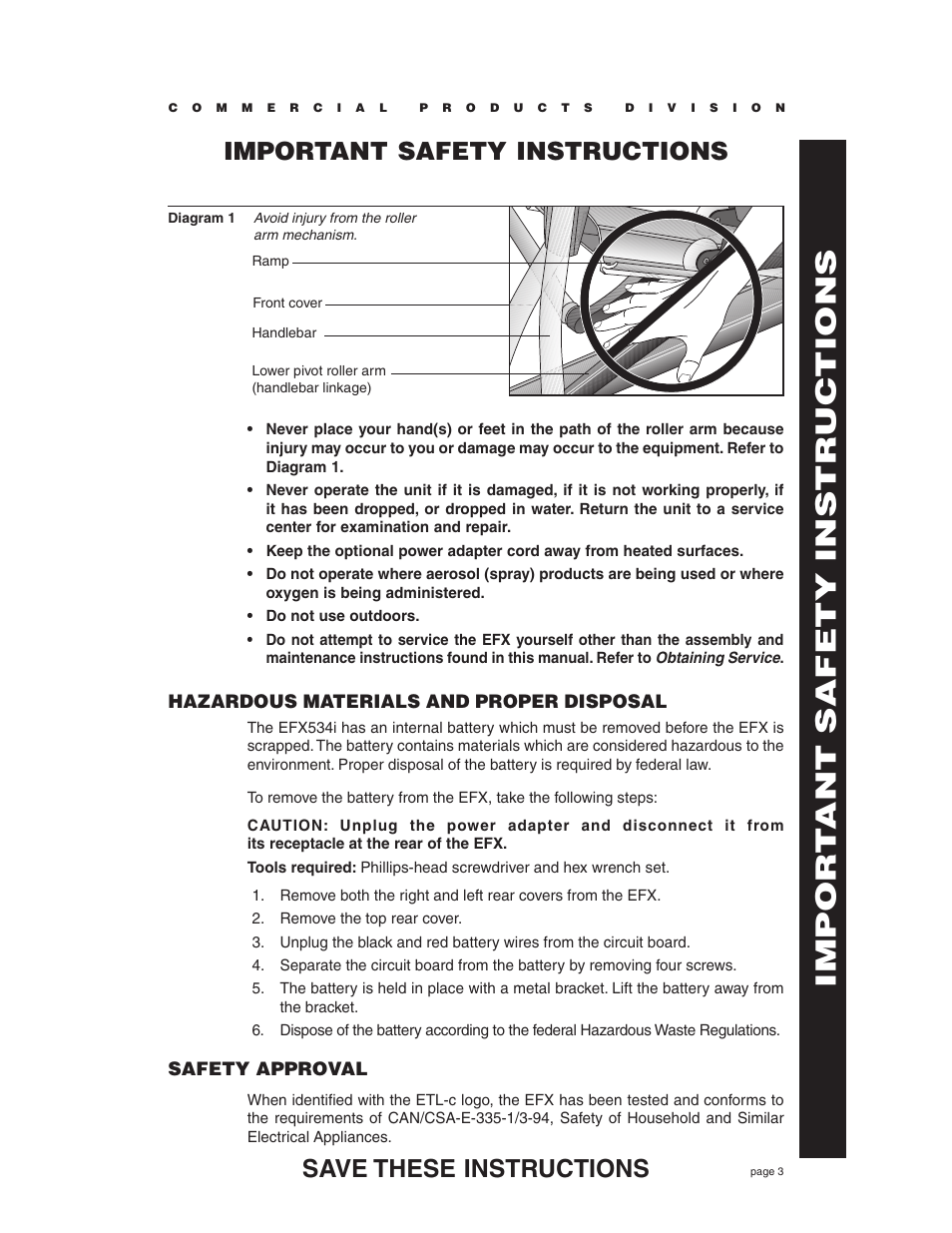 Impor t ant safety instructions, Hazardous materials and proper disposal, Safety approval | Precor EFX534i t User Manual | Page 3 / 52