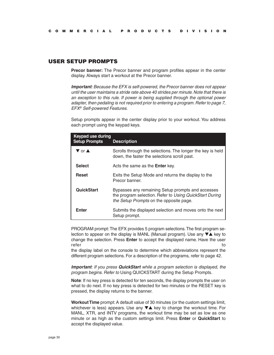 User setup prompts | Precor EFX534i t User Manual | Page 30 / 52