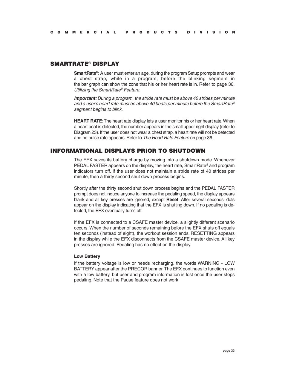 Smartrate, Display, Informational displays prior to shutdown | Precor EFX534i t User Manual | Page 33 / 52