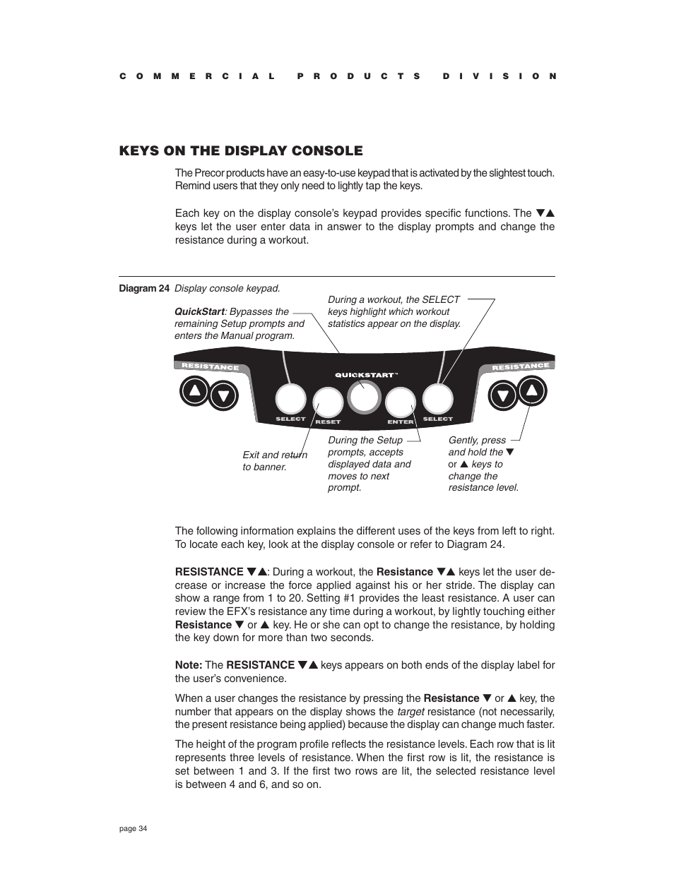 Keys on the display console | Precor EFX534i t User Manual | Page 34 / 52