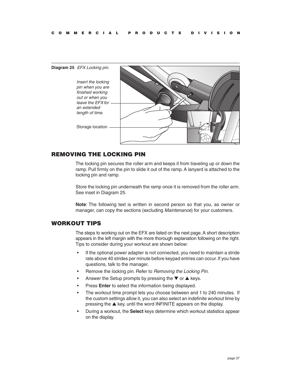 Removing the locking pin, Workout tips | Precor EFX534i t User Manual | Page 37 / 52