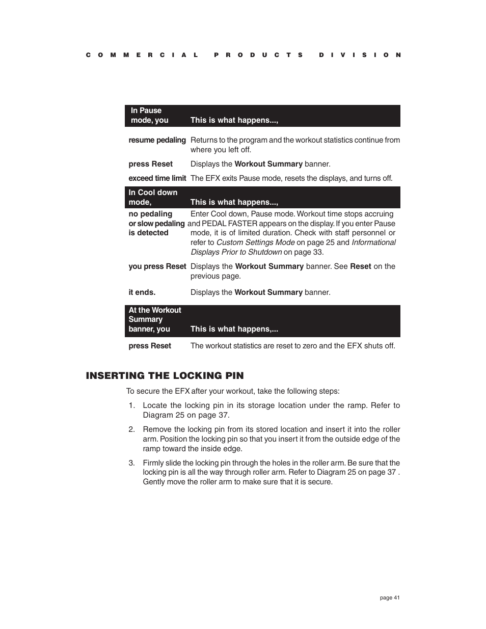 Inserting the locking pin | Precor EFX534i t User Manual | Page 41 / 52