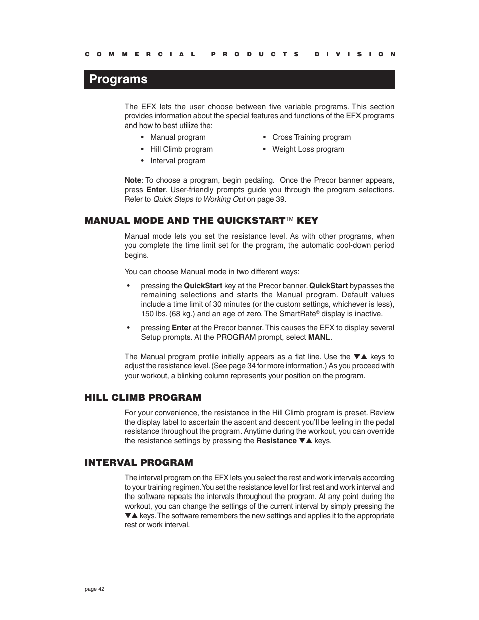 Programs, Manual mode and the quickstart, Hill climb program | Interval program | Precor EFX534i t User Manual | Page 42 / 52