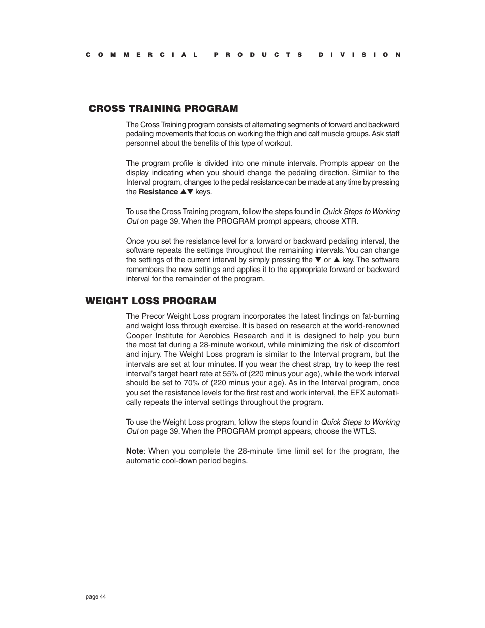 Cross training program, Weight loss program | Precor EFX534i t User Manual | Page 44 / 52