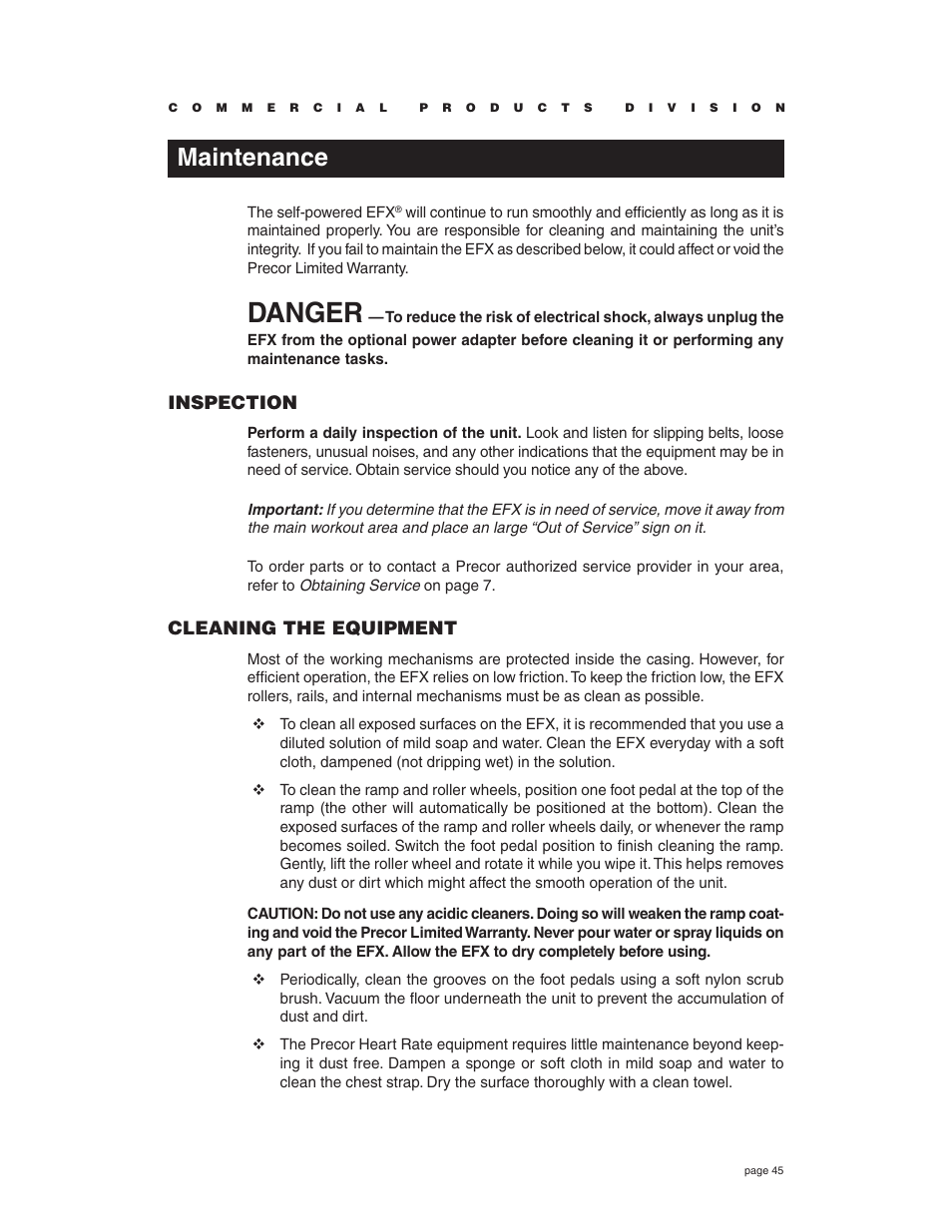 Maintenance, Danger, Inspection | Cleaning the equipment | Precor EFX534i t User Manual | Page 45 / 52