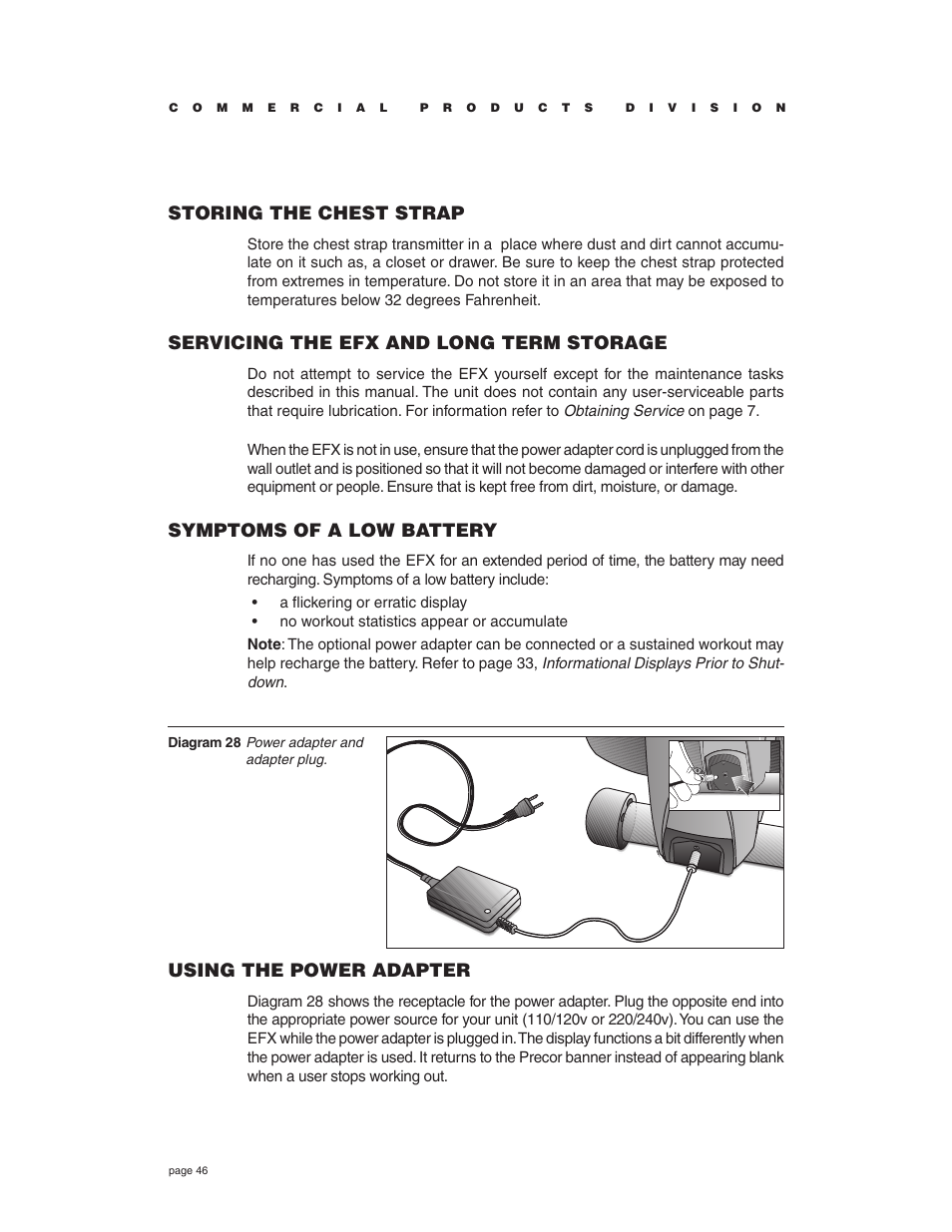Storing the chest strap, Servicing the efx and long term storage, Symptoms of a low battery | Using the power adapter | Precor EFX534i t User Manual | Page 46 / 52